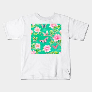 Preppy pink and green chinoiserie with peonies and butterflies Kids T-Shirt